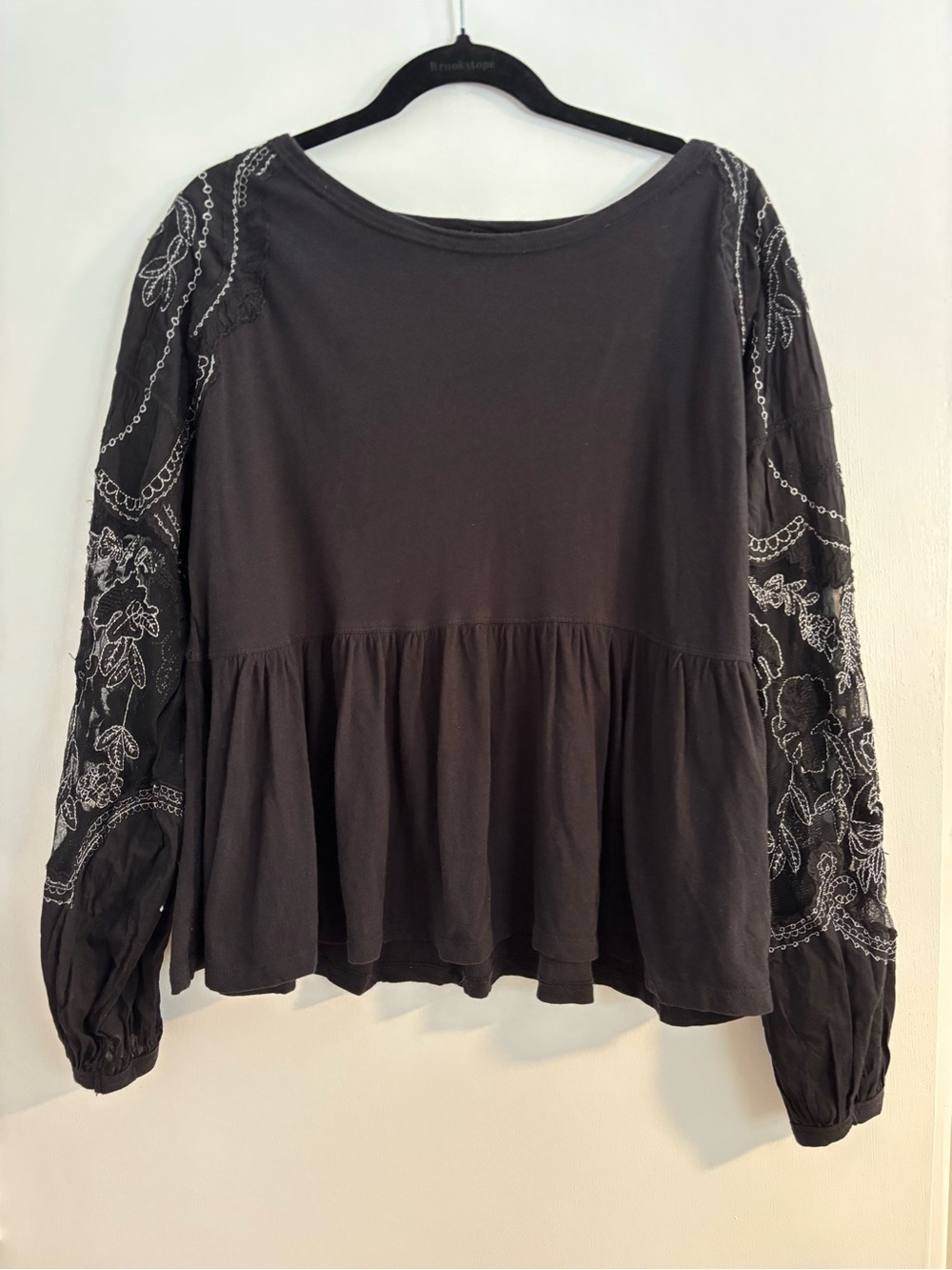 Free People Black Peplum Top with White Floral Embroidery and Mesh Puff Sleeves